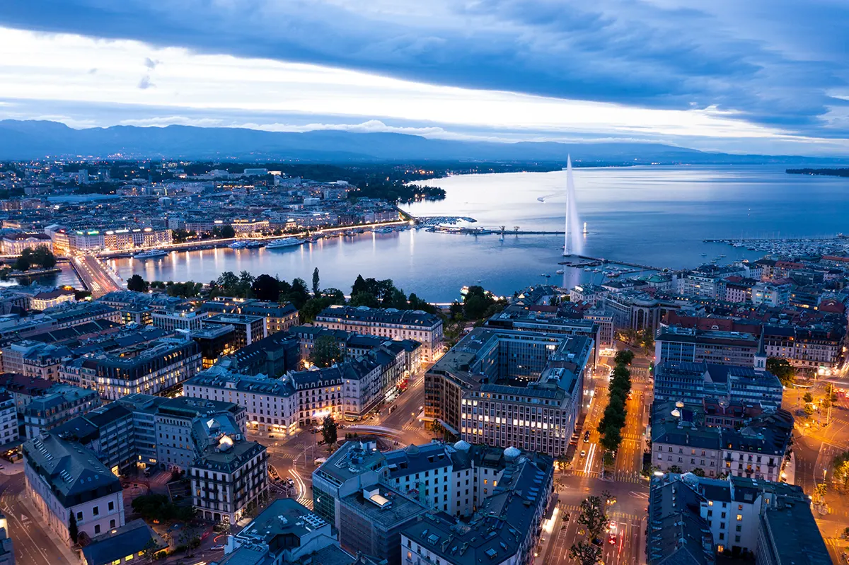 View of Geneva and the Jet d’Eau, where Pool of Competence is based.